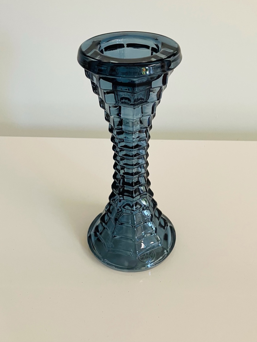 Vintage CZECH Glass Candlestick Holder Blue Gray Pressed Glass Mid Century